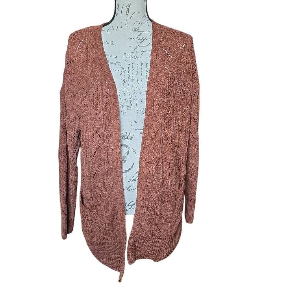 Pink Rose Women's Size Large Brown Woven Cardigan with Pockets